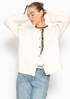 Leo-print cardigan with ruffles - off-white