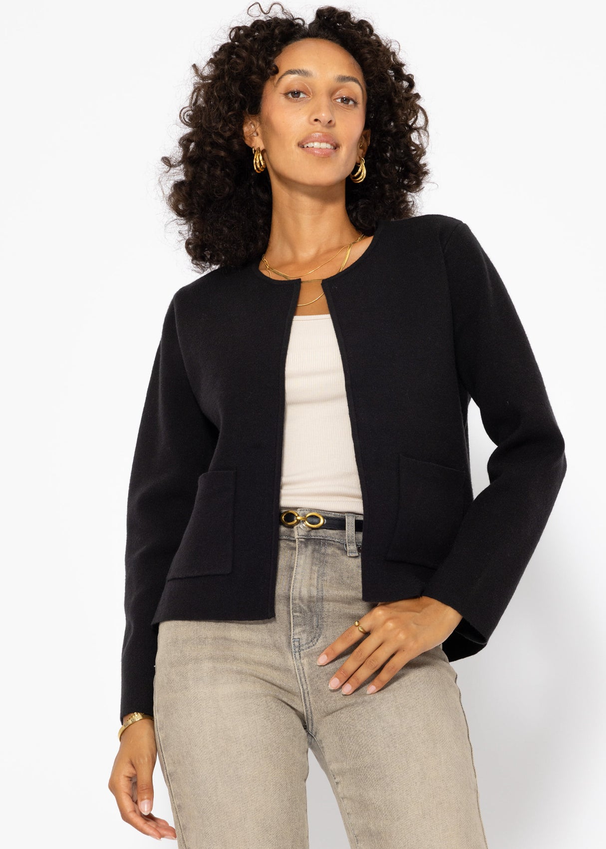 Cardigan with round neck and patch pockets - black