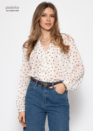 Chiffon blouse with ruffles and polka dot pattern - off-white