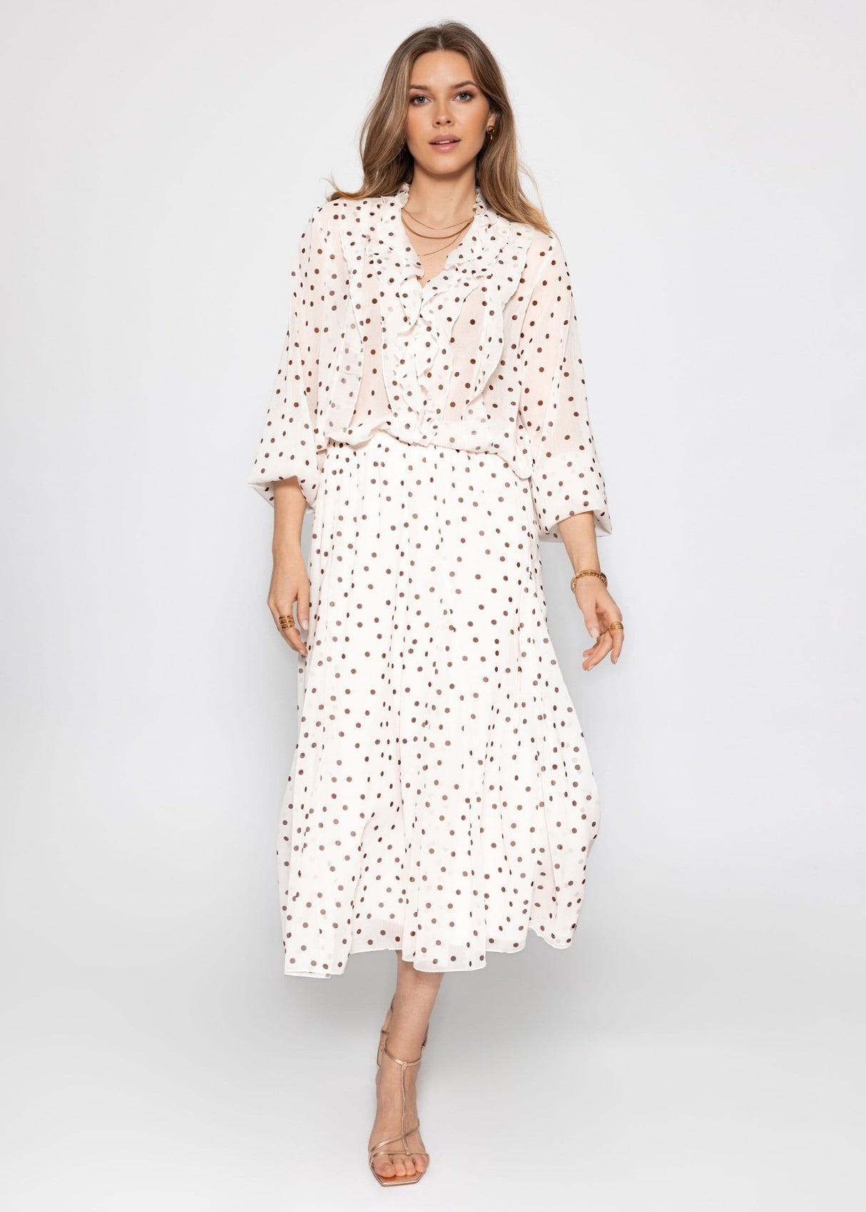 Chiffon blouse with ruffles and polka dot pattern - off-white