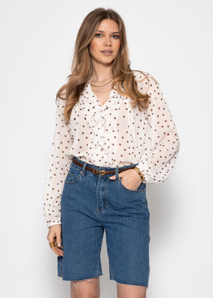 Chiffon blouse with ruffles and polka dot pattern - off-white