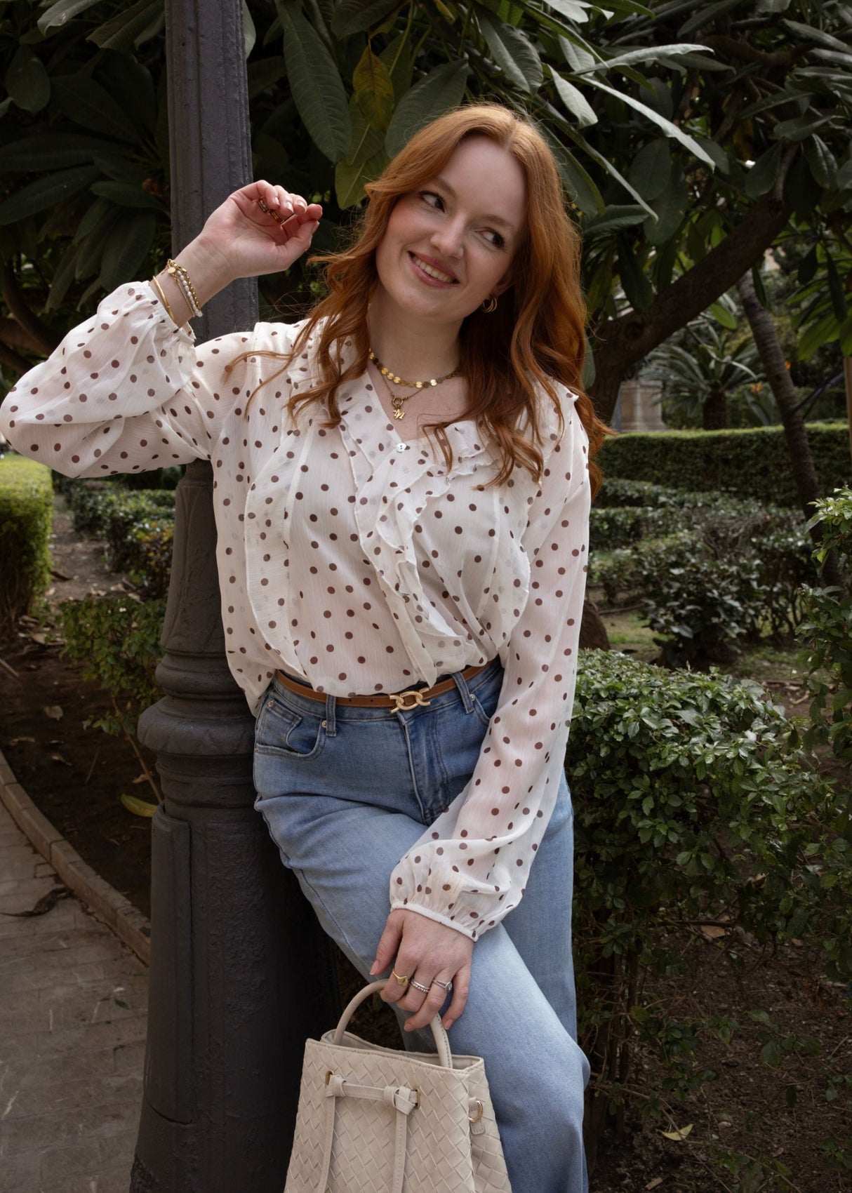 Chiffon blouse with ruffles and polka dot pattern - off-white