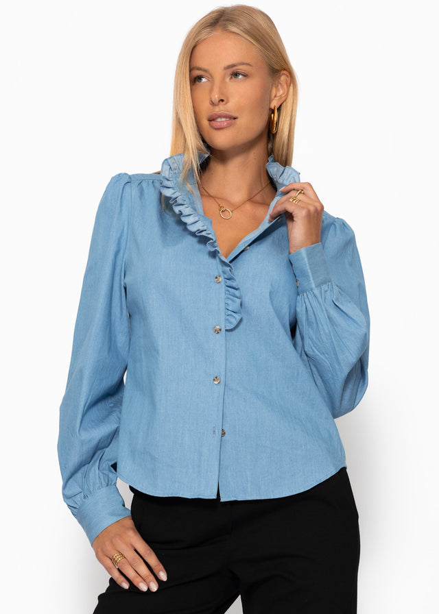Cotton blouse with ruffles - blue