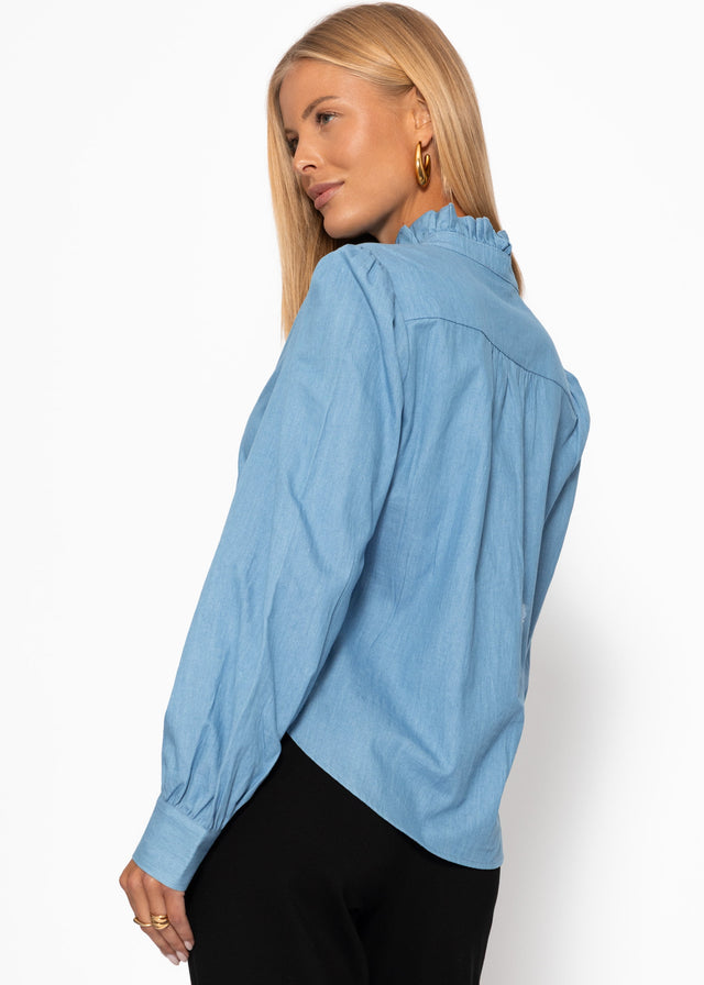 Cotton blouse with ruffles - blue