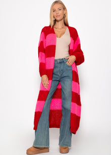 Extra langer Cardigan mit Blockstreifen - rot-pink
