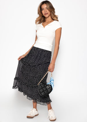 Gepunkteter langer Chiffon Rock mit Rüschen - schwarz