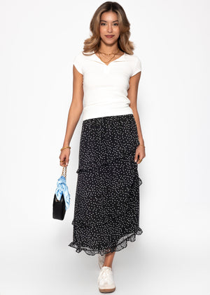 Gepunkteter langer Chiffon Rock mit Rüschen - schwarz