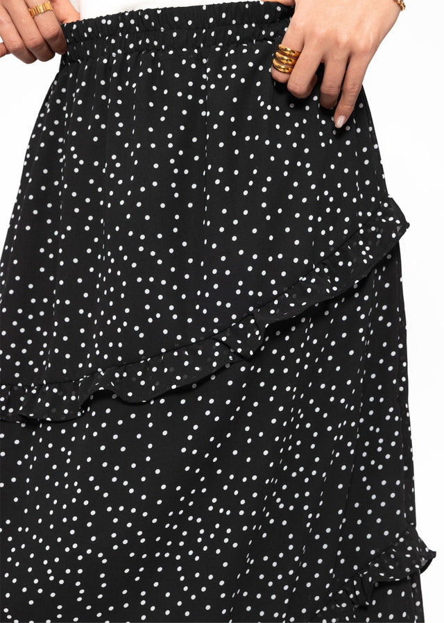 Gepunkteter langer Chiffon Rock mit Rüschen - schwarz