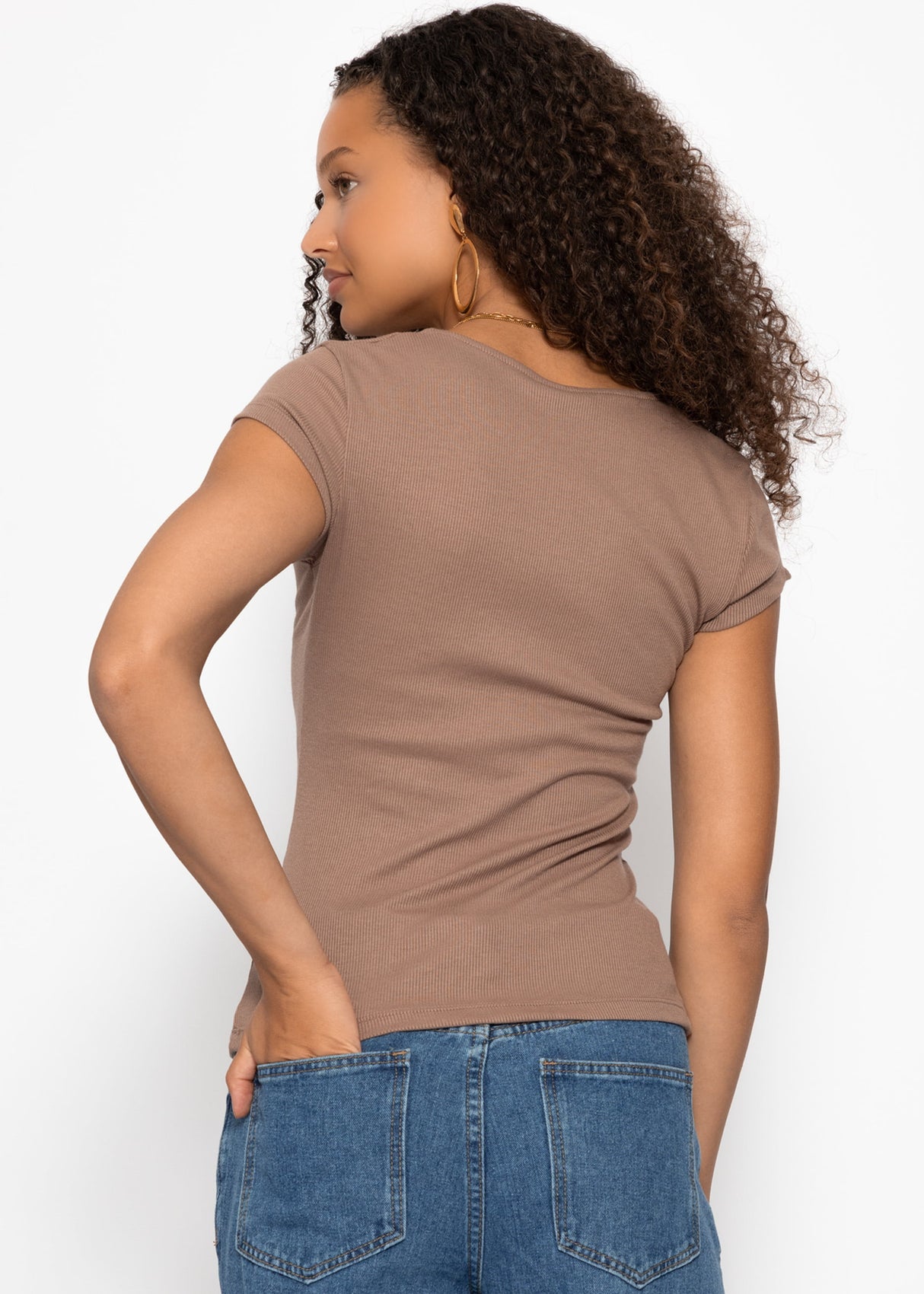 Geripptes T-Shirt mit Knopfleiste - taupe