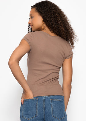 Geripptes T-Shirt mit Knopfleiste - taupe