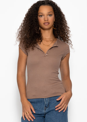 Geripptes T-Shirt mit Knopfleiste - taupe