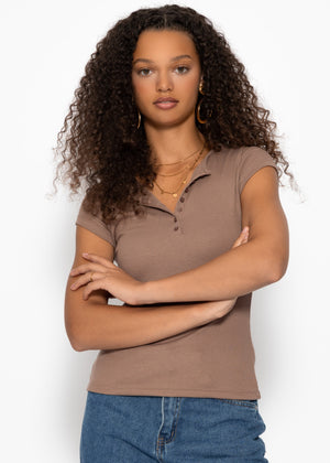 Geripptes T-Shirt mit Knopfleiste - taupe