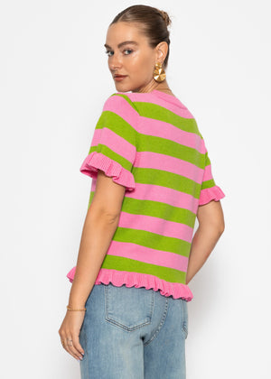 Gestreifter Kurzarm-Pullover mit Volants - pink-grün