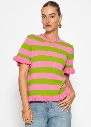 Gestreifter Kurzarm-Pullover mit Volants - pink-grün
