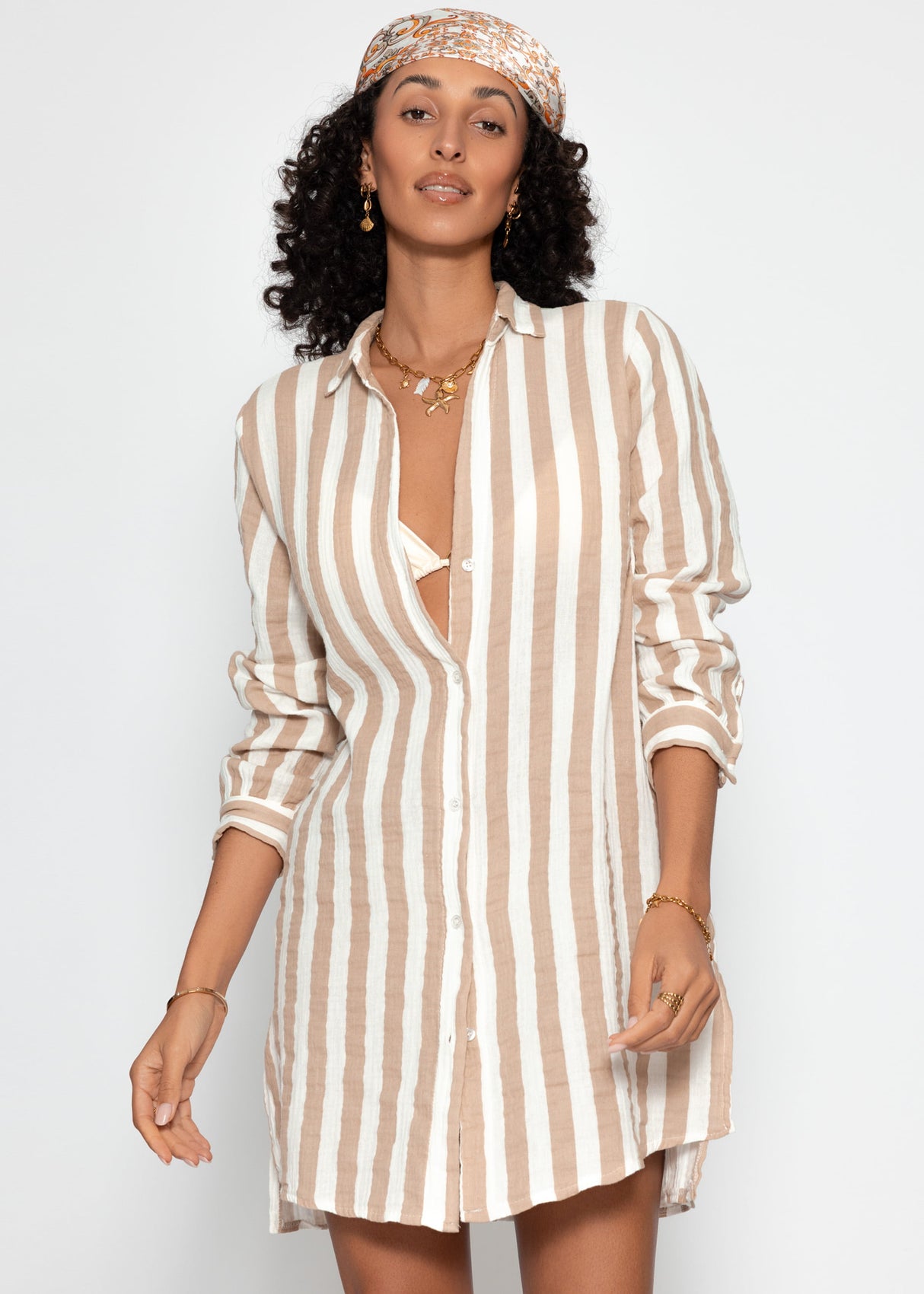 Gestreiftes Strandkleid - taupe-offwhite