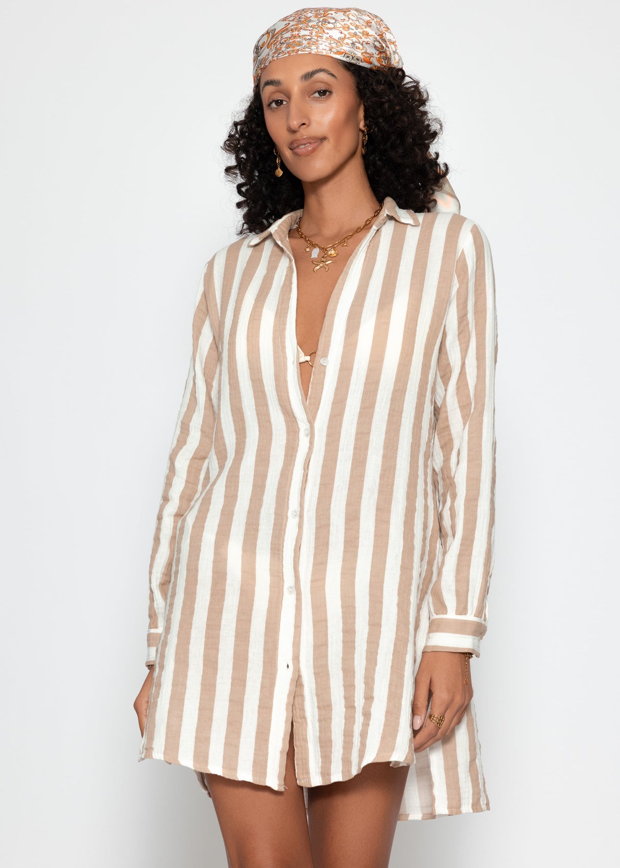 Gestreiftes Strandkleid - taupe-offwhite