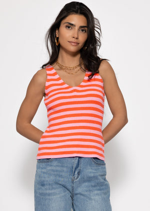 Striped Knit V-Neck Top - Orange-Pink