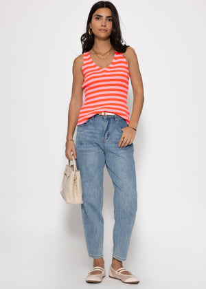 Striped Knit V-Neck Top - Orange-Pink