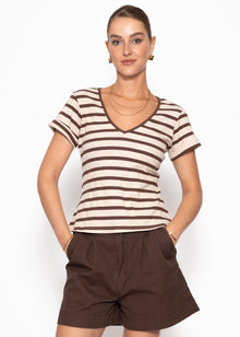 Gestreiftes T-Shirt mit V-Ausschnitt - braun-melange