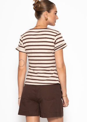 Gestreiftes T-Shirt mit V-Ausschnitt - braun-melange