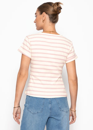 Gestreiftes T-Shirt mit V-Ausschnitt - rosa-offwhite