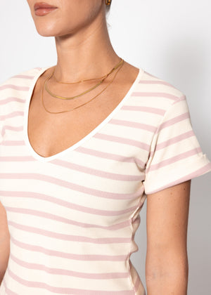 Gestreiftes T-Shirt mit V-Ausschnitt - rosa-offwhite