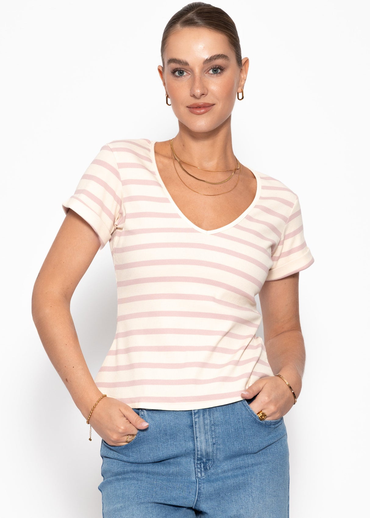 Gestreiftes T-Shirt mit V-Ausschnitt - rosa-offwhite
