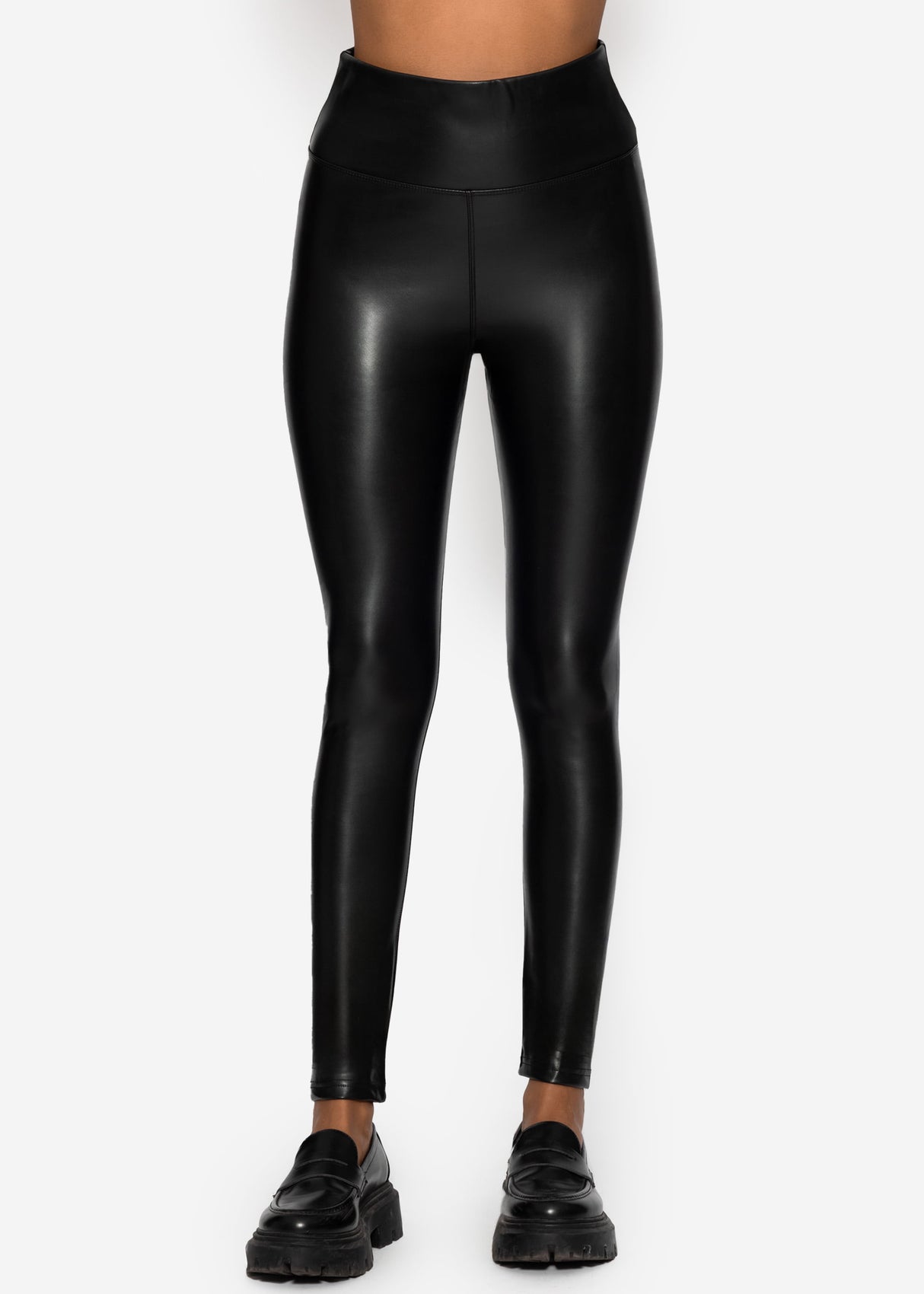 High-rise leather leggings with wide waistband - black