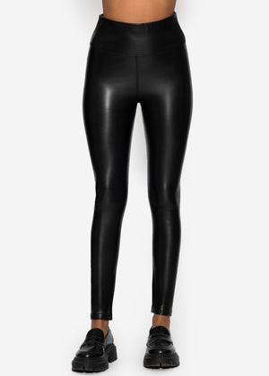 High-rise leather leggings with wide waistband - black