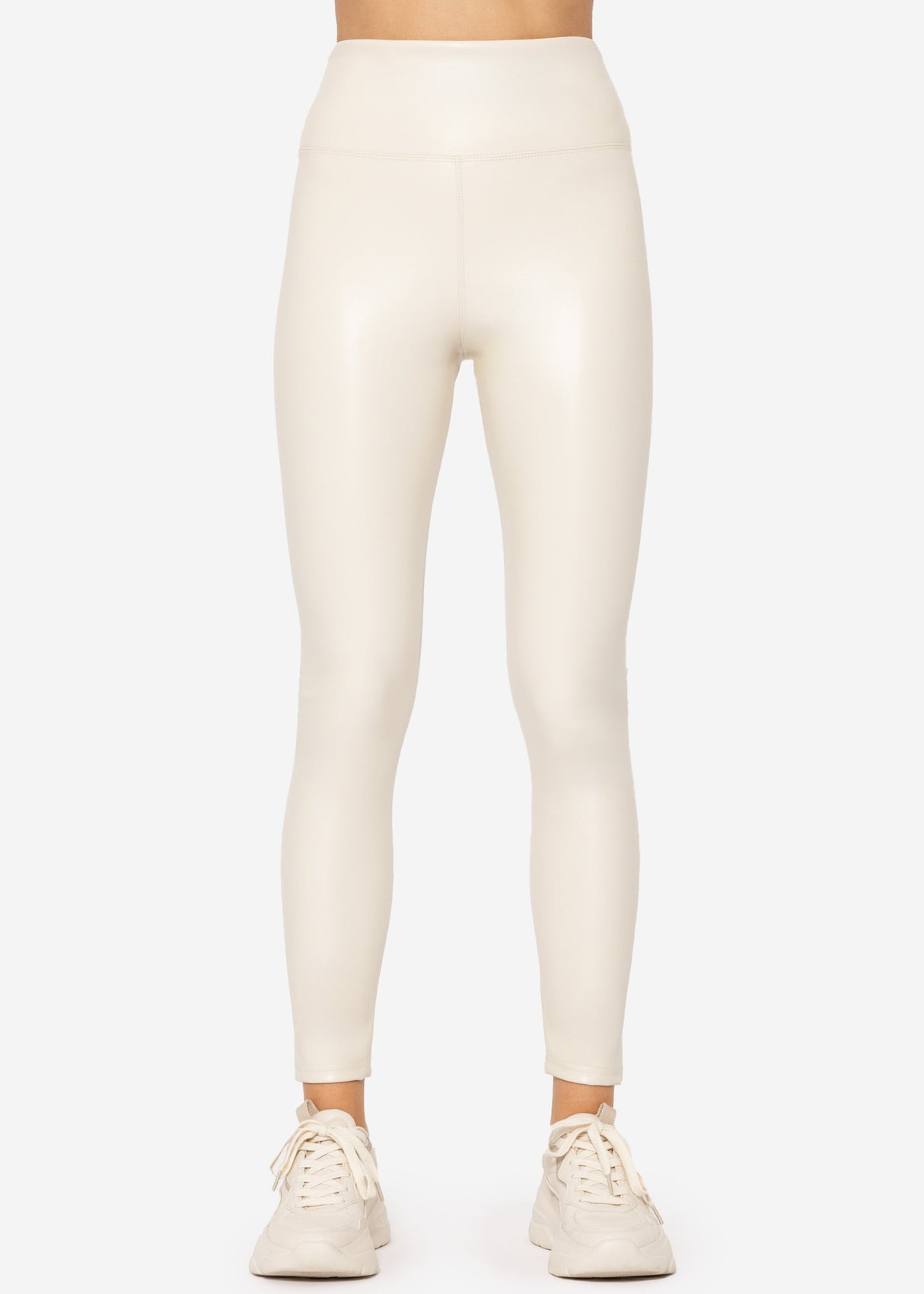 High-rise thermal leather leggings with wide waistband - off-white