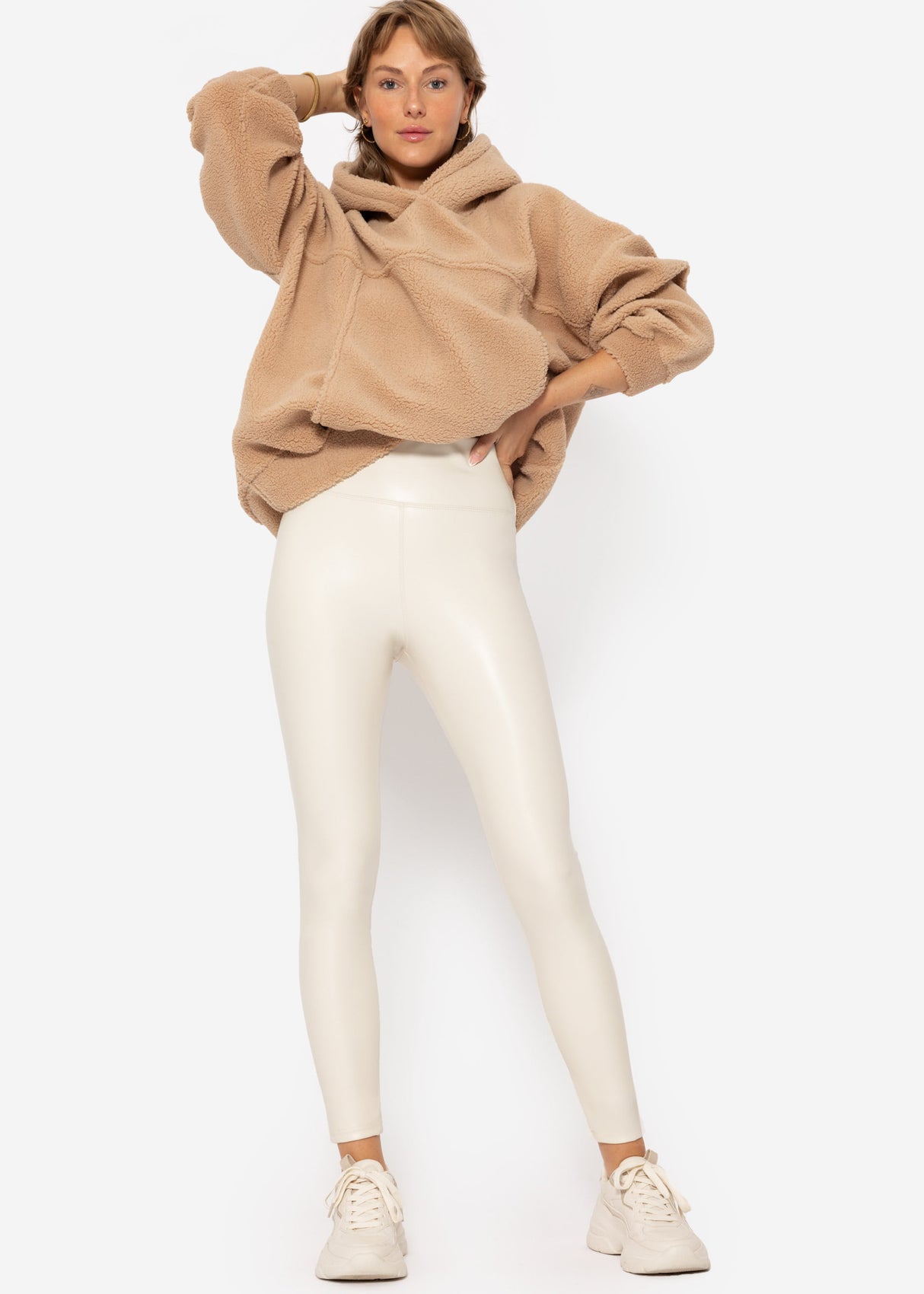 High-rise thermal leather leggings with wide waistband - off-white