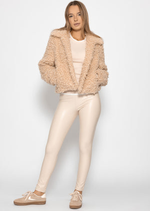 High-Rise Thermo Lederleggings mit breitem Bund - offwhite
