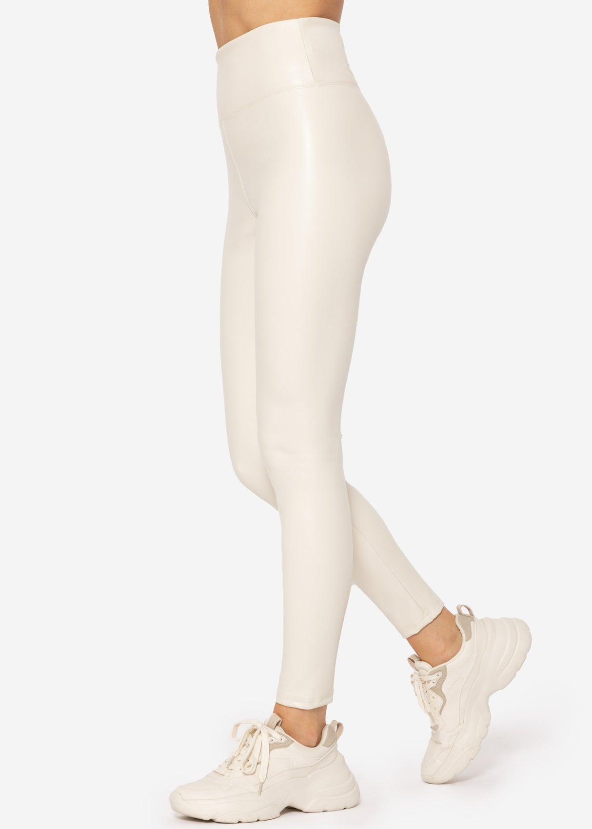 High-rise thermal leather leggings with wide waistband - off-white