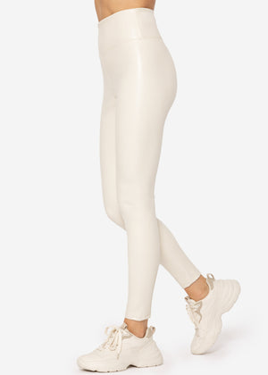 High-rise thermal leather leggings with wide waistband - off-white