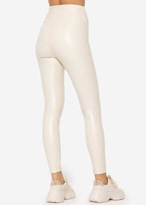 High-rise thermal leather leggings with wide waistband - off-white