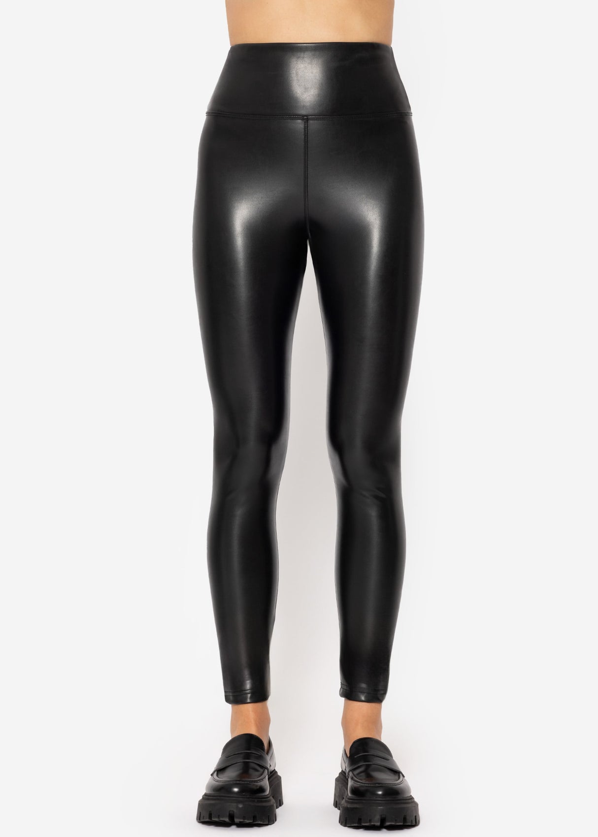 High-rise thermal leather leggings with wide waistband - black