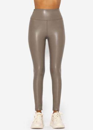 High-rise thermal leather leggings with wide waistband - taupe