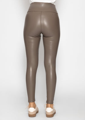 High-Rise Thermo Lederleggings mit breitem Bund - taupe