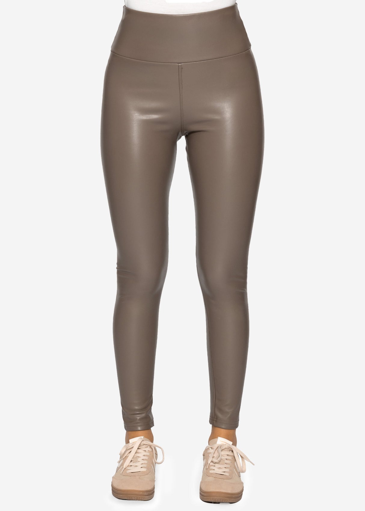 High-Rise Thermo Lederleggings mit breitem Bund - taupe