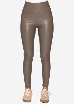 High-Rise Thermo Lederleggings mit breitem Bund - taupe