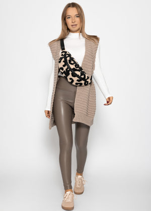 High-Rise Thermo Lederleggings mit breitem Bund - taupe