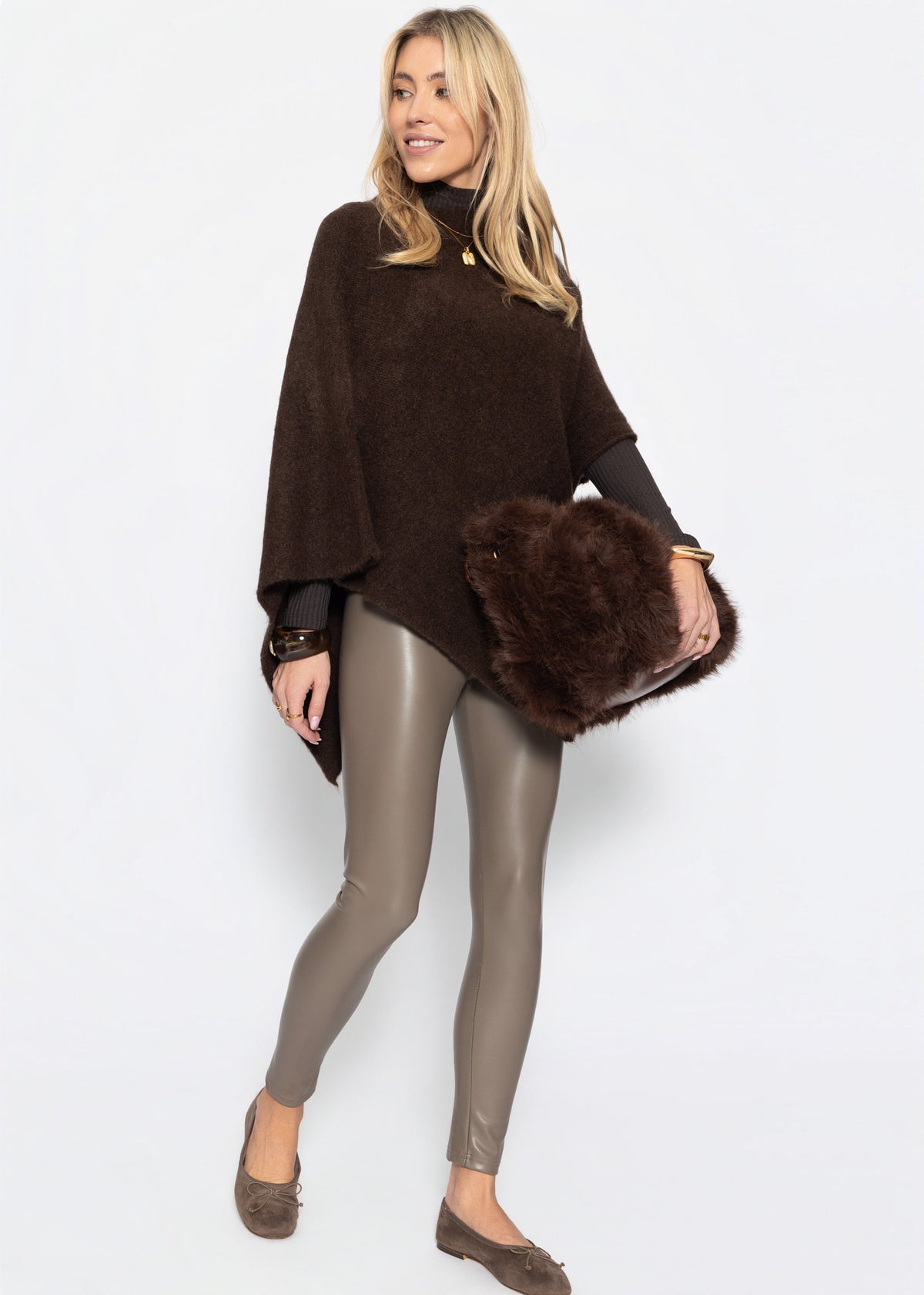 High-Rise Thermo Lederleggings mit breitem Bund - taupe