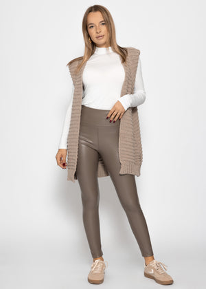 High-Rise Thermo Lederleggings mit breitem Bund - taupe
