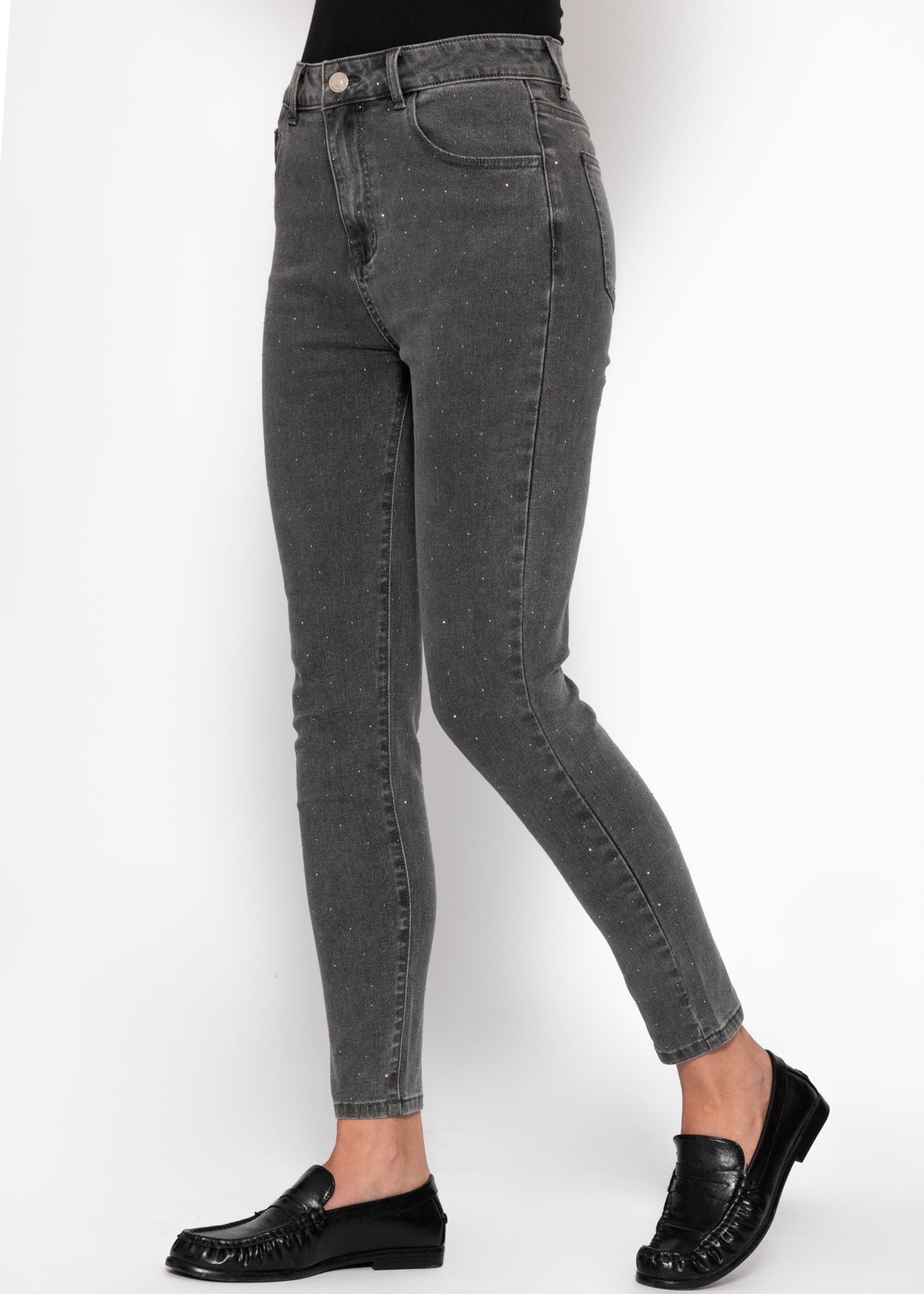 High-waisted skinny jeans with rhinestones - dark gray