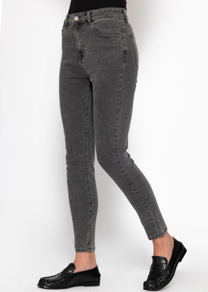 High-waisted skinny jeans with rhinestones - dark gray