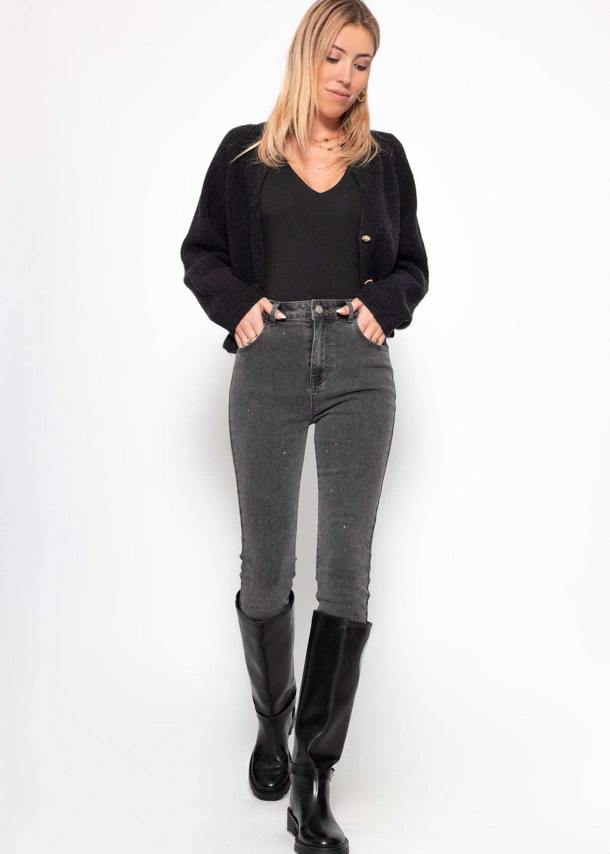 High-waisted skinny jeans with rhinestones - dark gray