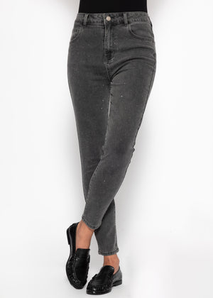 High-waisted skinny jeans with rhinestones - dark gray