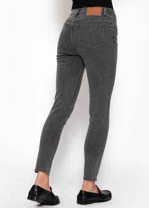High-waisted skinny jeans with rhinestones - dark gray