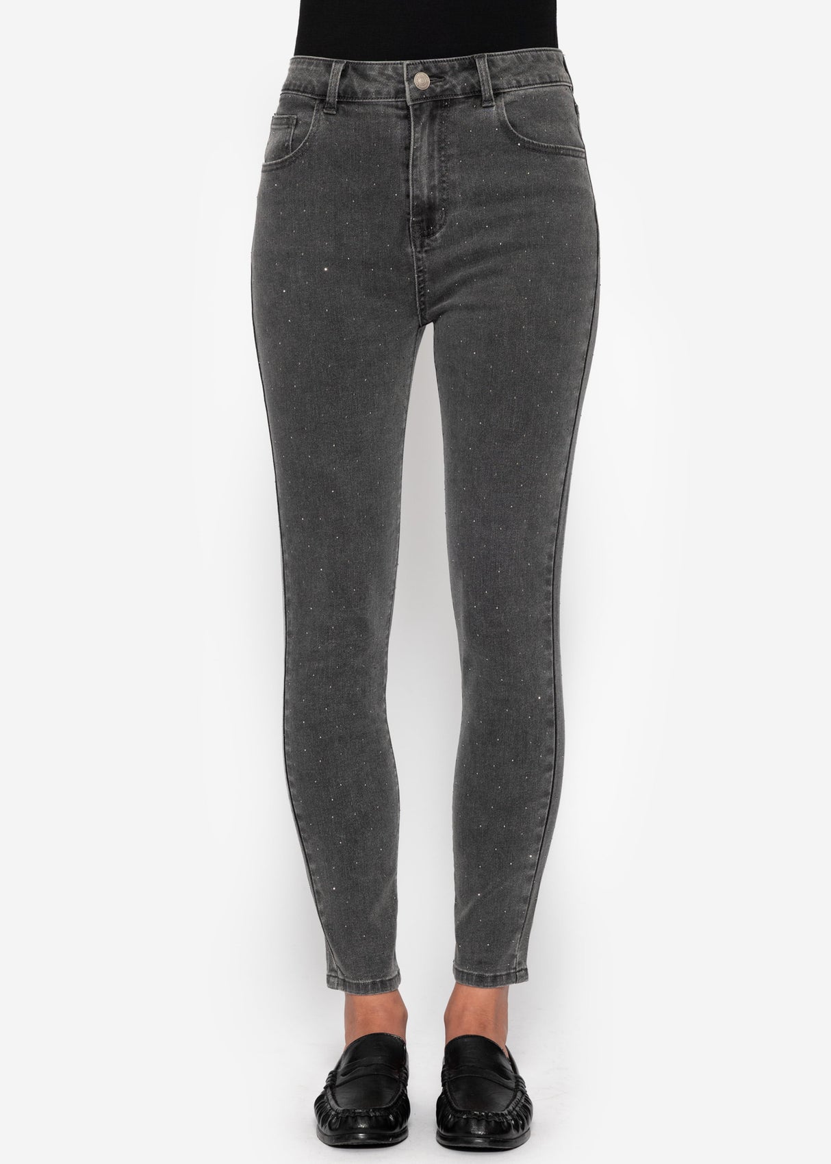 High-waisted skinny jeans with rhinestones - dark gray