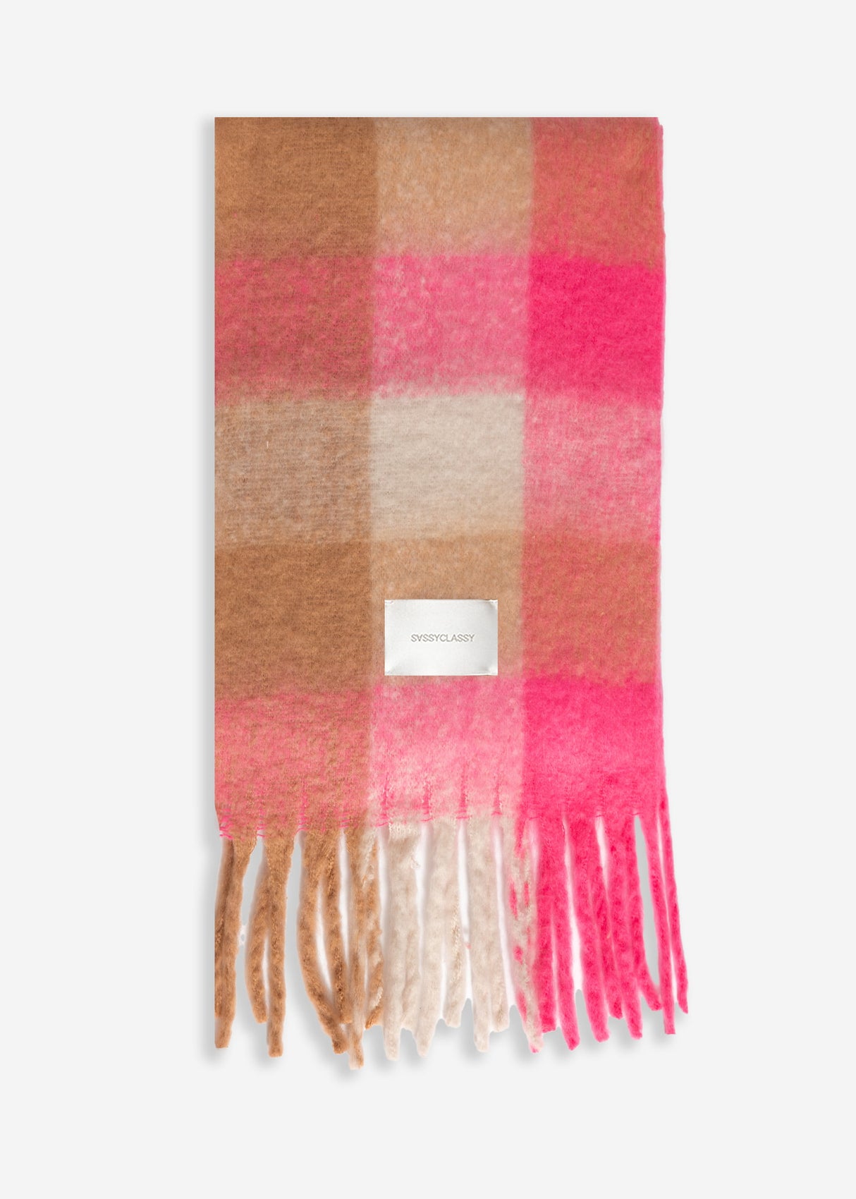 Checkered fluffy scarf with fringe - pink